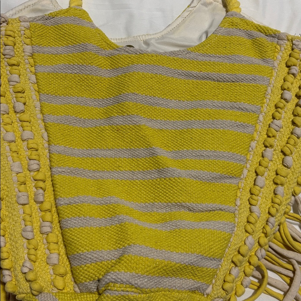 NWT Woven Yellow and White Striped Fringe Tote Beach Bag - Picture 6 of 10